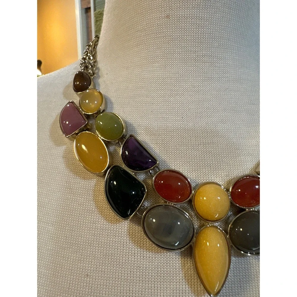 Loft Multi Color Resin Stone Bib Statement Necklace Gold‎ Tone